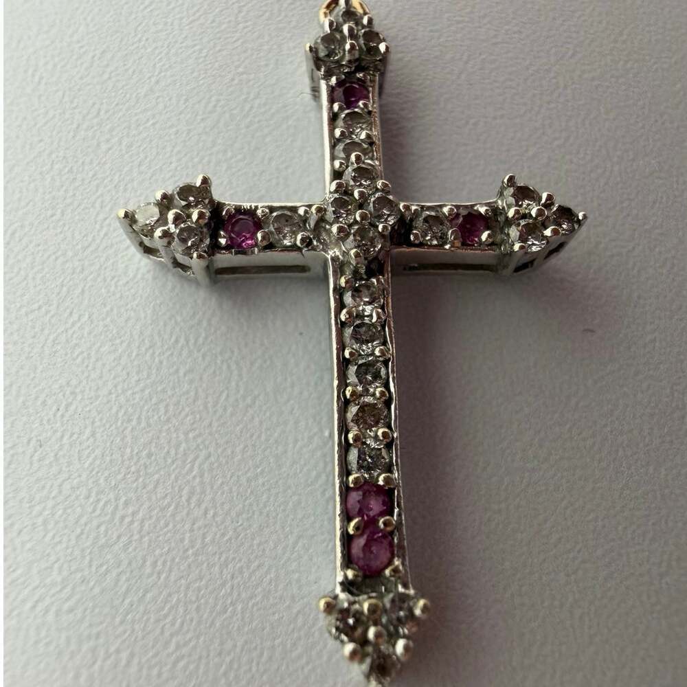 Vintage 14K White Gold Diamond & Ruby Accent Cross Pendant Necklace Charm